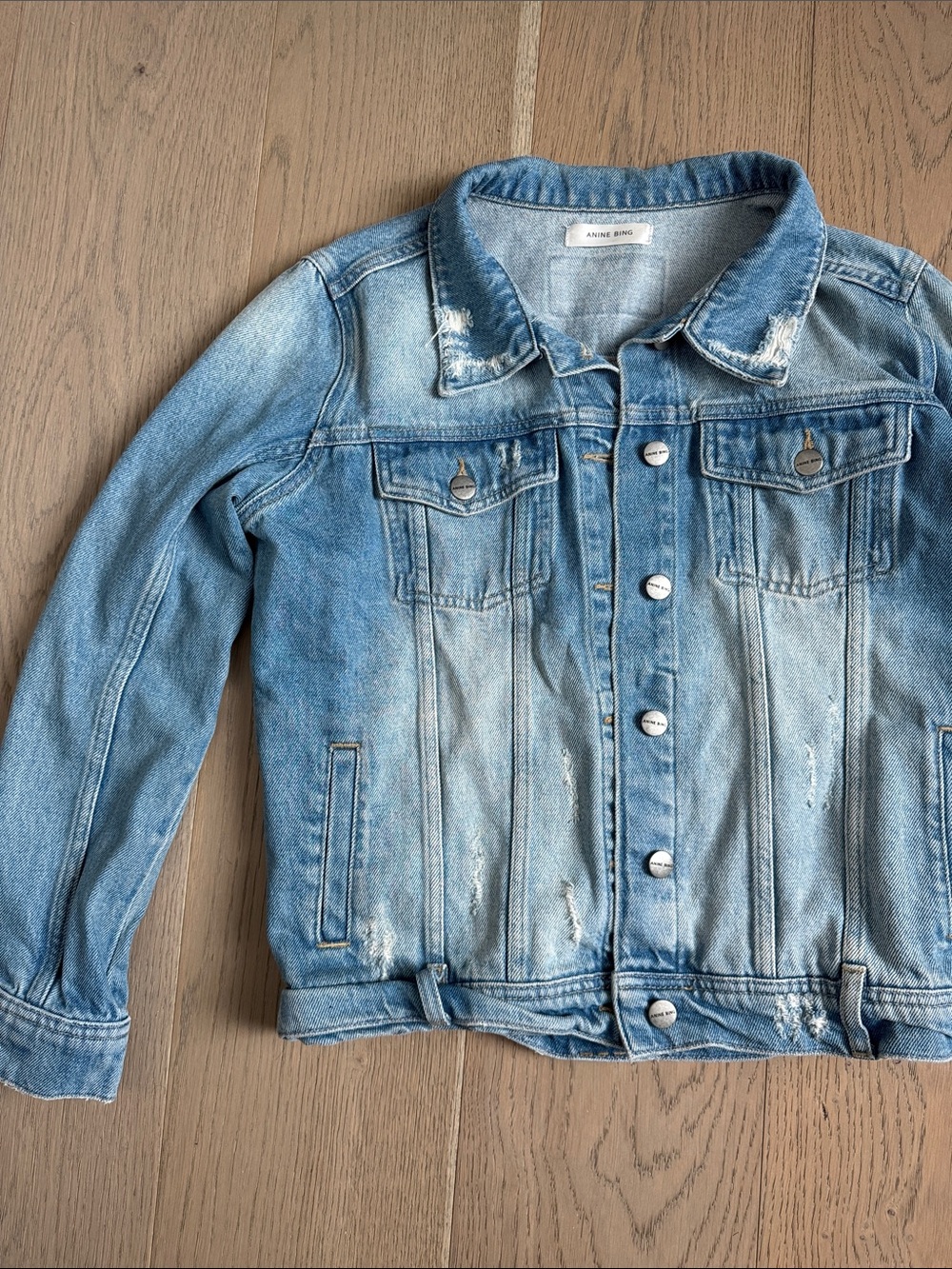 Anine Bing Faded Blue Distressed Denim Jacket